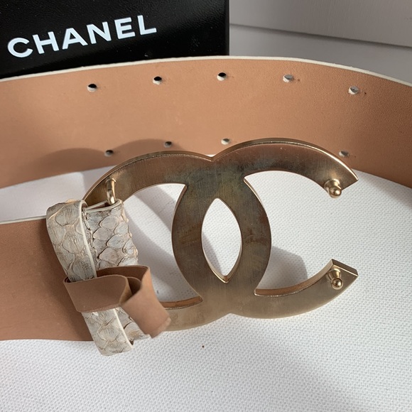 ⭐️ CHANEL Belt RARE Iridescent Python Leather Matte Gold HW Y2K Huge CC Big Logo - Picture 9 of 16